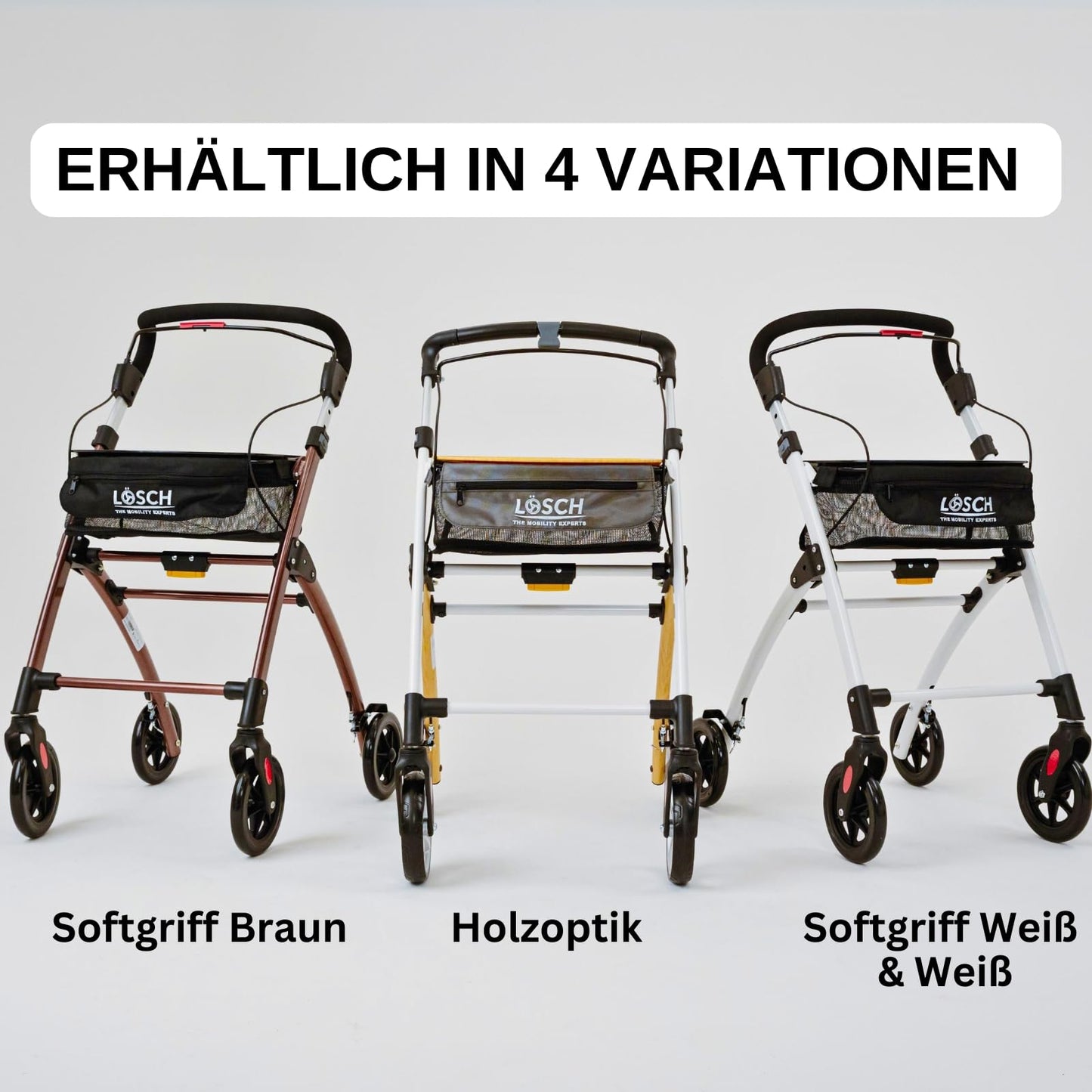 Lösch Reha Rollator Casa – leichter Indoor-Rollator mit Softgriffen und Tablett, faltbar und höhenverstellbar
