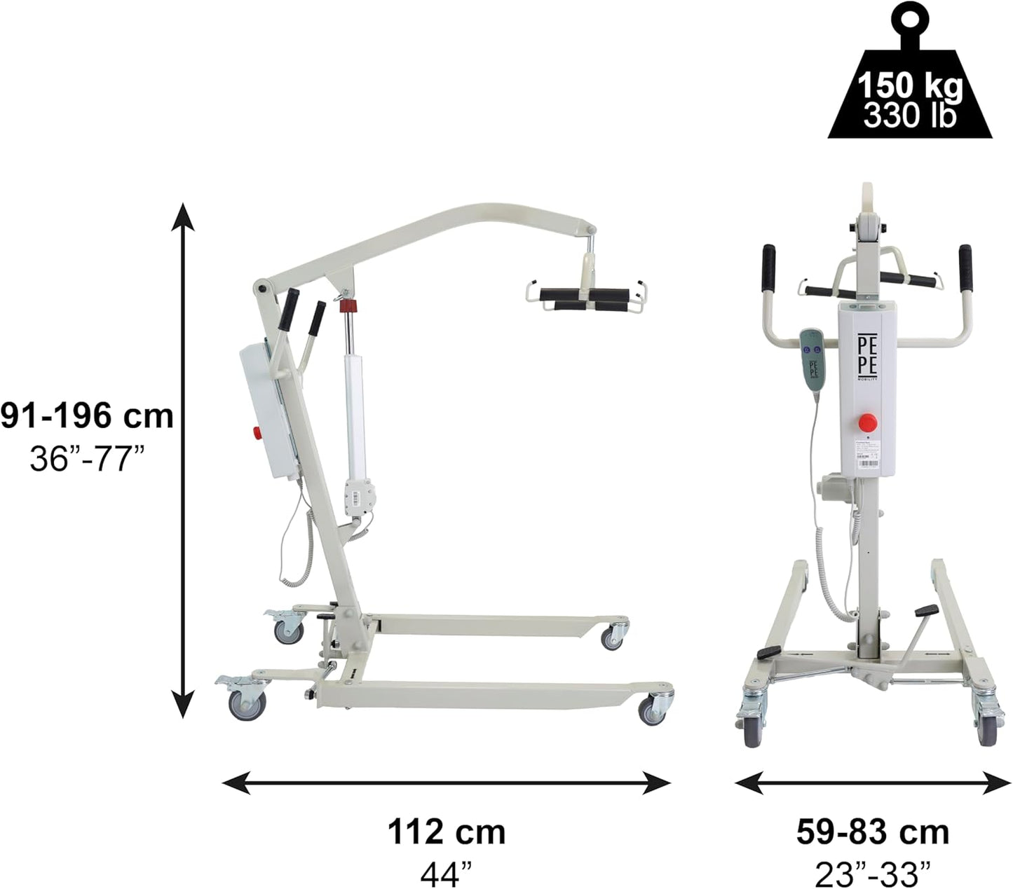 Elektrischer Patientenlifter mit Hebegurt – sicherer Transferkran bis 150 kg Tragkraft, verstellbares Untergestell und Not-Aus-Funktion