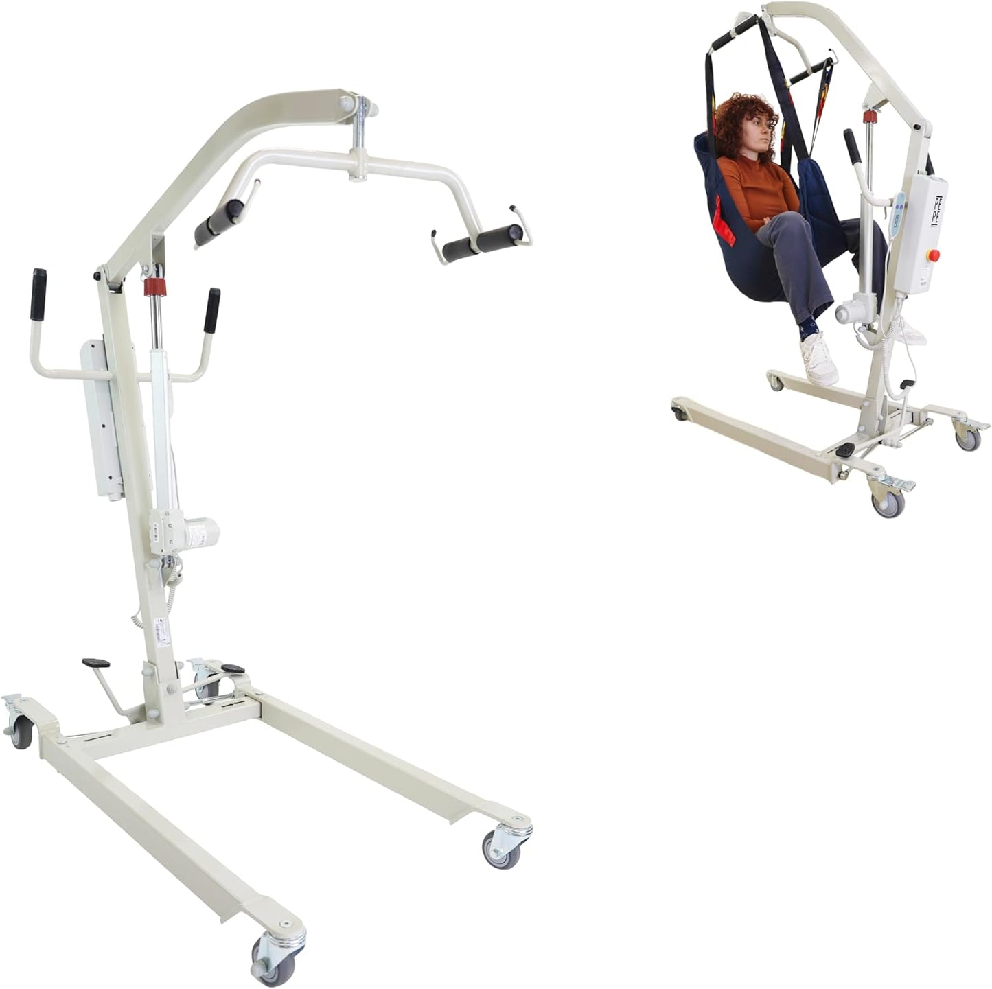 Elektrischer Patientenlifter mit Hebegurt – sicherer Transferkran bis 150 kg Tragkraft, verstellbares Untergestell und Not-Aus-Funktion