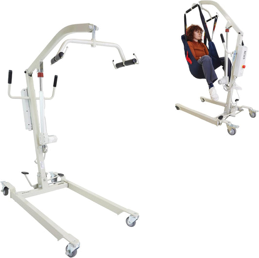 Elektrischer Patientenlifter mit Hebegurt – sicherer Transferkran bis 150 kg Tragkraft, verstellbares Untergestell und Not-Aus-Funktion