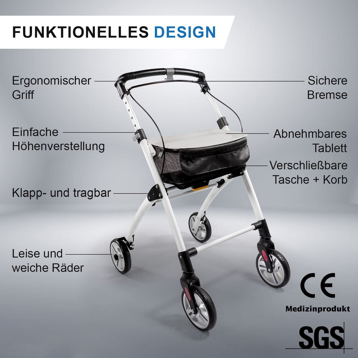 Lösch Reha Rollator Casa – leichter Indoor-Rollator mit Softgriffen und Tablett, faltbar und höhenverstellbar