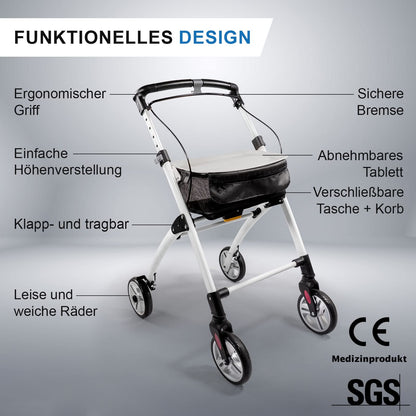 Lösch Reha Rollator Casa – leichter Indoor-Rollator mit Softgriffen und Tablett, faltbar und höhenverstellbar