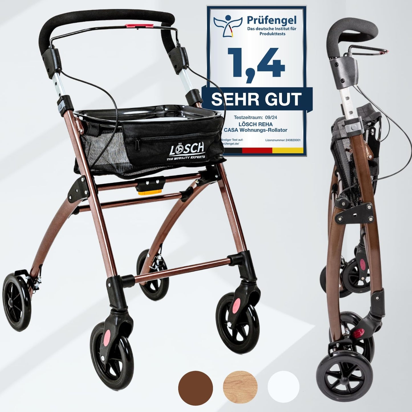 Lösch Reha Rollator Casa – leichter Indoor-Rollator mit Softgriffen und Tablett, faltbar und höhenverstellbar