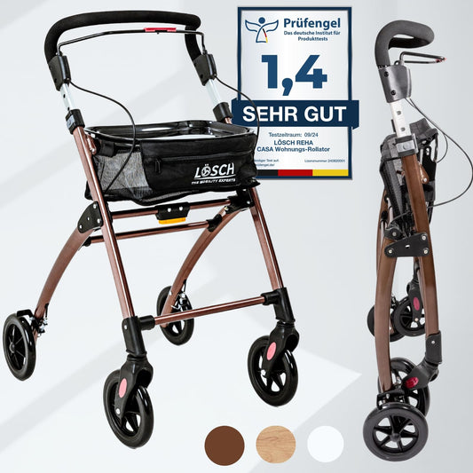 Lösch Reha Rollator Casa – leichter Indoor-Rollator mit Softgriffen und Tablett, faltbar und höhenverstellbar