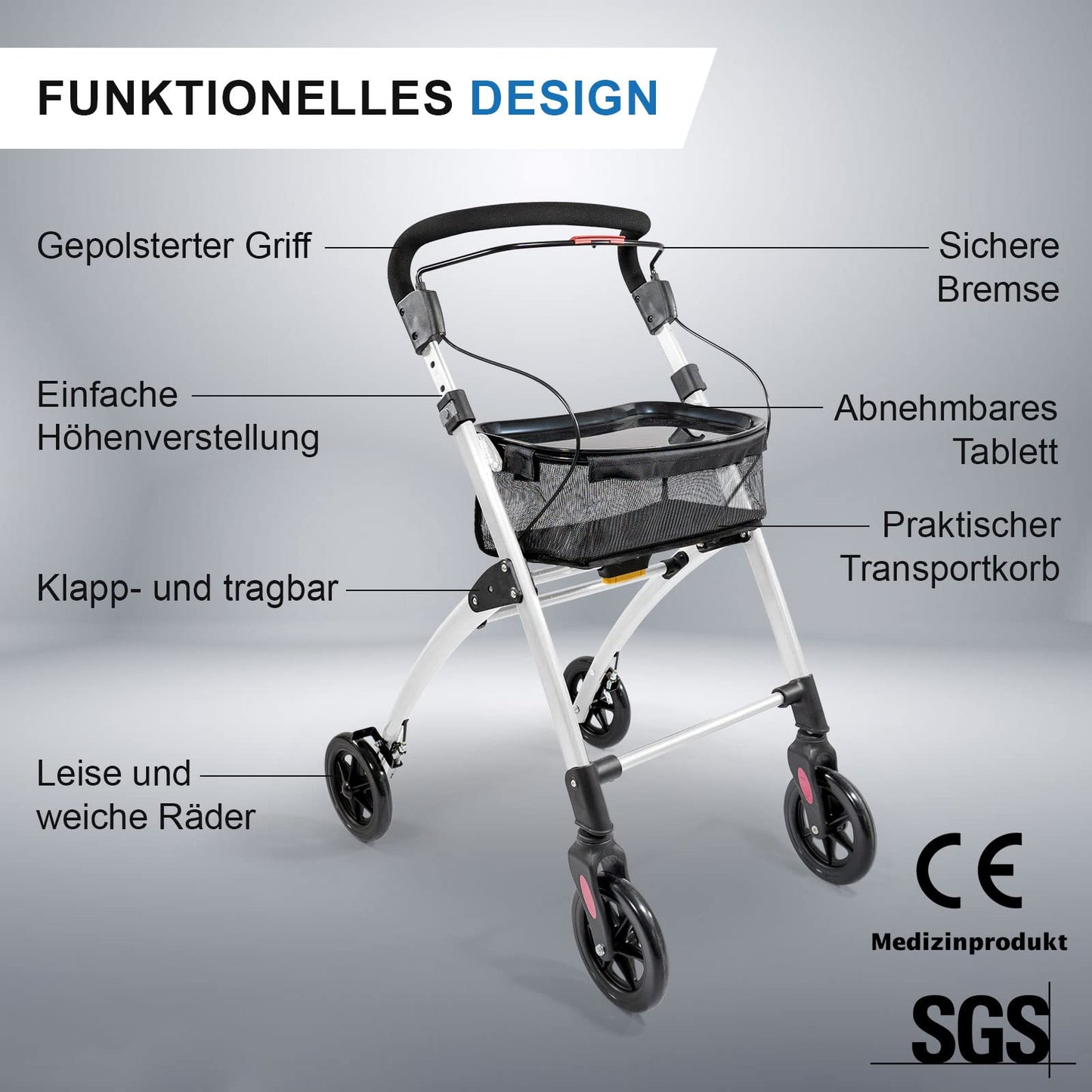 Lösch Reha Rollator Casa – leichter Indoor-Rollator mit Softgriffen und Tablett, faltbar und höhenverstellbar
