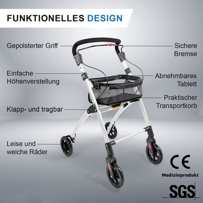 Lösch Reha Rollator Casa – leichter Indoor-Rollator mit Softgriffen und Tablett, faltbar und höhenverstellbar
