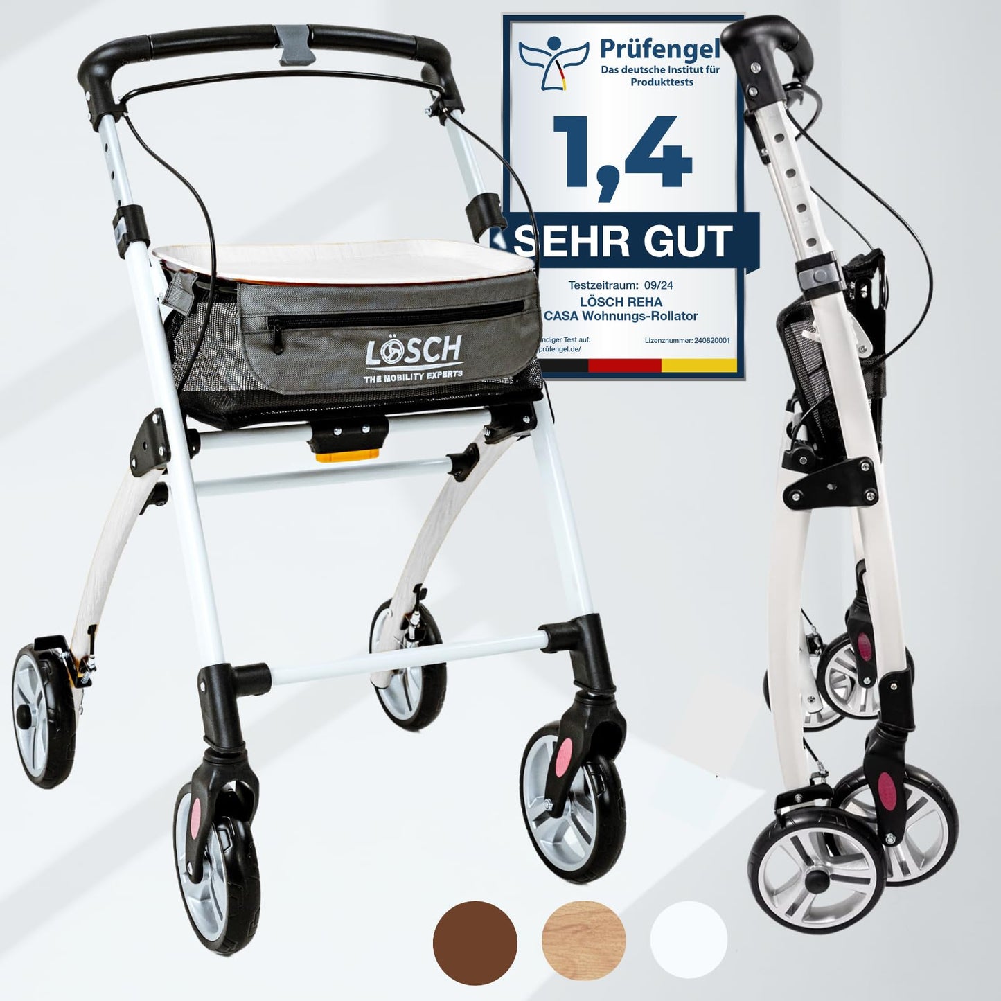 Lösch Reha Rollator Casa – leichter Indoor-Rollator mit Softgriffen und Tablett, faltbar und höhenverstellbar