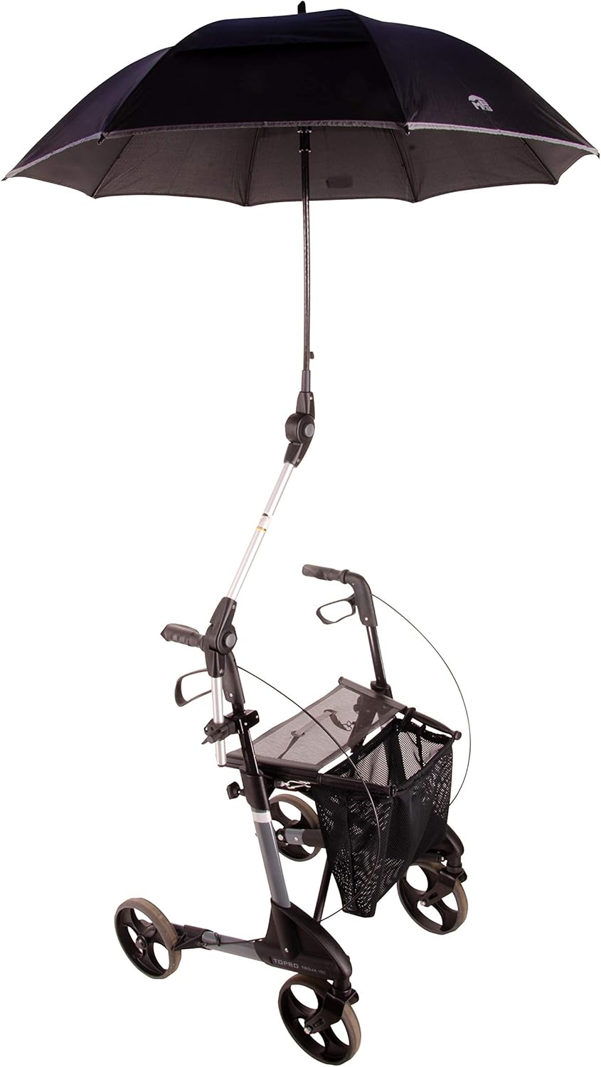 ZUBEHÖR – MPB Rollatorschirm ST 22/25 SI – Silberbeschichtet mit Halterung und Gelenkarm, Regen- und Sonnenschutz