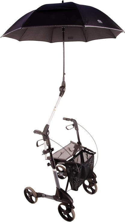 ZUBEHÖR – MPB Rollatorschirm ST 22/25 SI – Silberbeschichtet mit Halterung und Gelenkarm, Regen- und Sonnenschutz