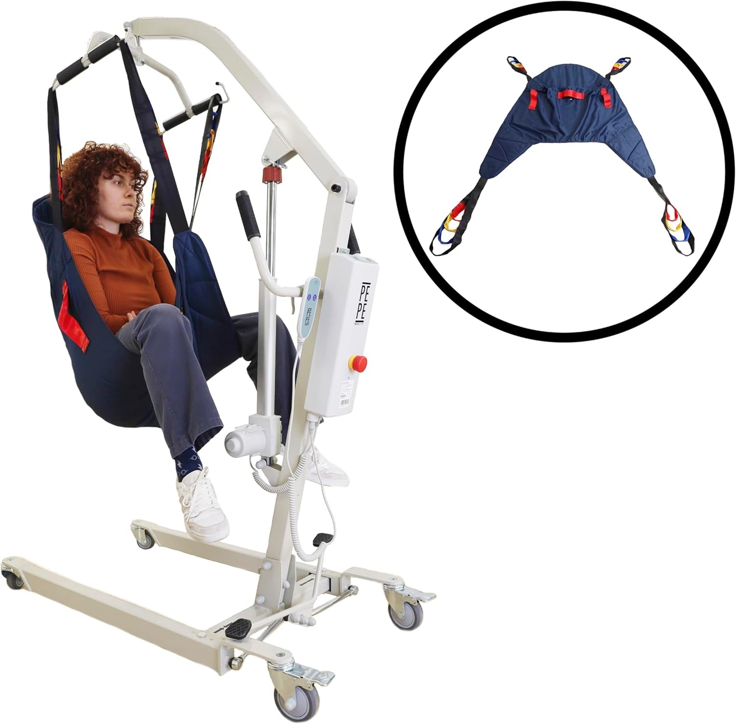 Elektrischer Patientenlifter mit Hebegurt – sicherer Transferkran bis 150 kg Tragkraft, verstellbares Untergestell und Not-Aus-Funktion