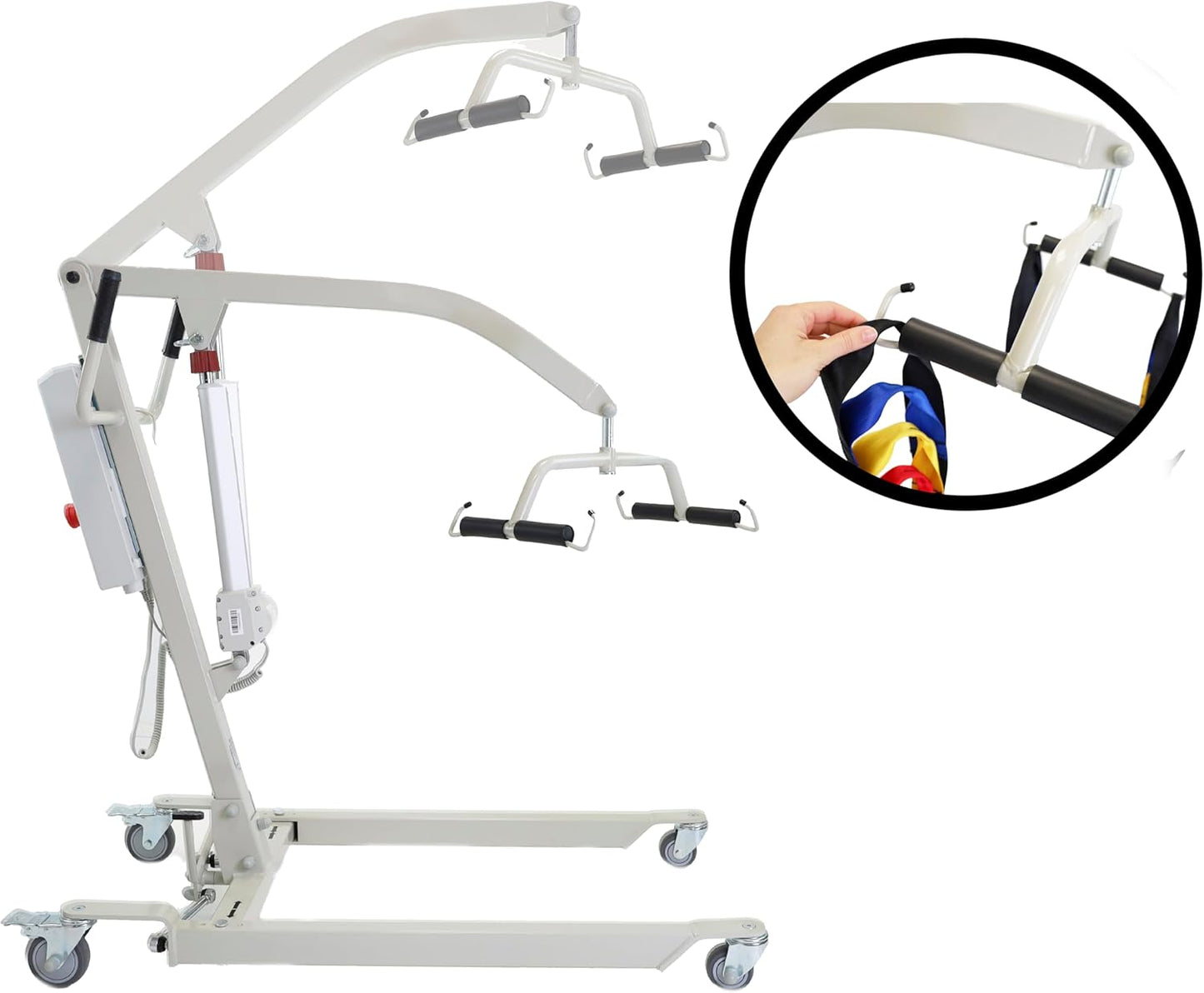 Elektrischer Patientenlifter mit Hebegurt – sicherer Transferkran bis 150 kg Tragkraft, verstellbares Untergestell und Not-Aus-Funktion