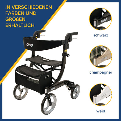 Drive Medical Rollator Nitro – eleganter Aluminium-Rollator mit großen Rädern, Sitz und Faltmechanismus