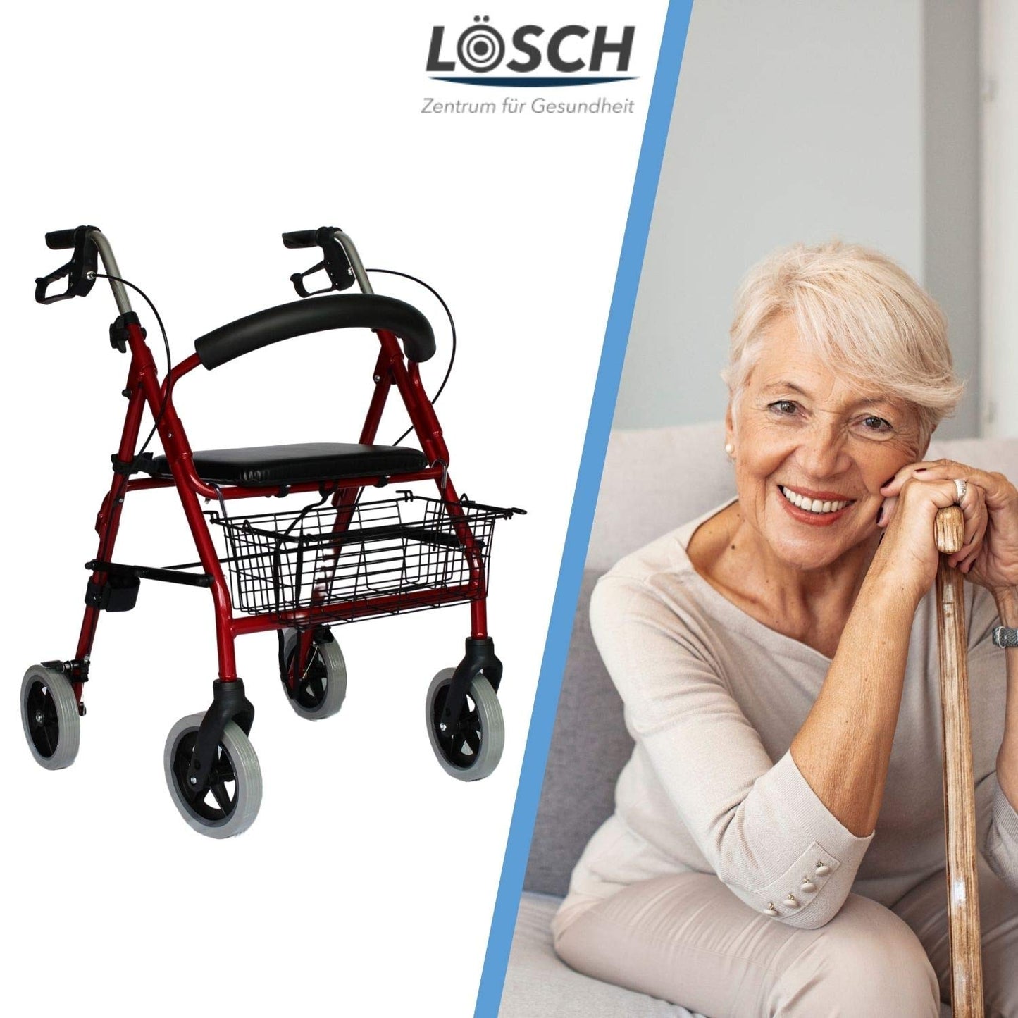 Trendmobil Rollator LR 56 – leichter Aluminium-Rollator mit Sitz, Korb und höhenverstellbaren Griffen