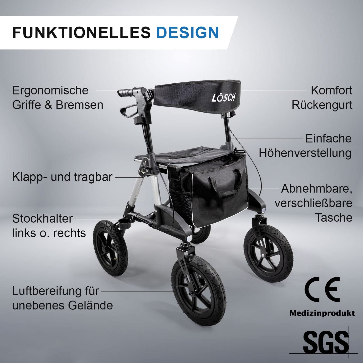 Tabas Premium Outdoor Rollator – leichter Aluminium-Rollator mit Luftreifen, faltbar und höhenverstellbar