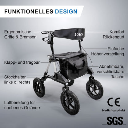 Tabas Premium Outdoor Rollator – leichter Aluminium-Rollator mit Luftreifen, faltbar und höhenverstellbar