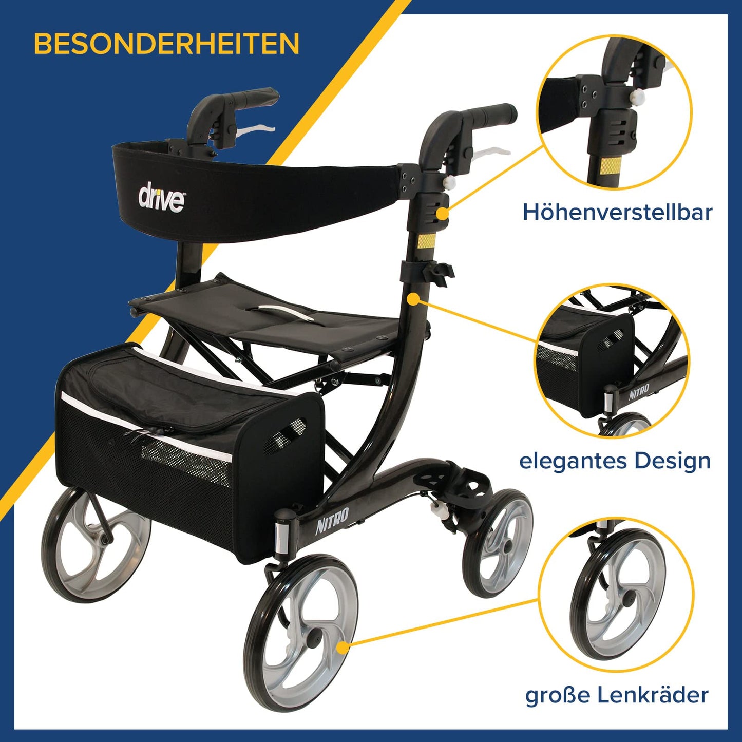 Drive Medical Rollator Nitro – eleganter Aluminium-Rollator mit großen Rädern, Sitz und Faltmechanismus