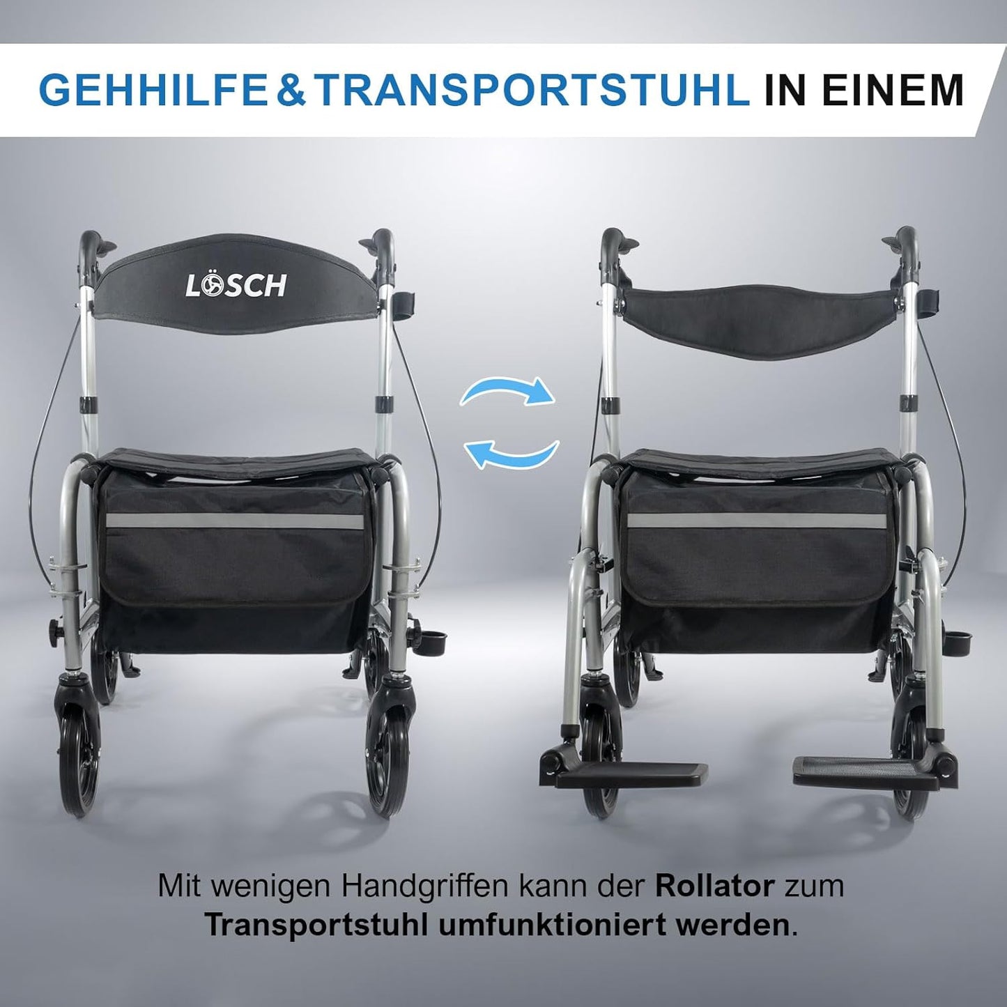 Lösch Reha Twin 2-in-1 – Rollator und Rollstuhl Kombi, faltbar, leicht und höhenverstellbar