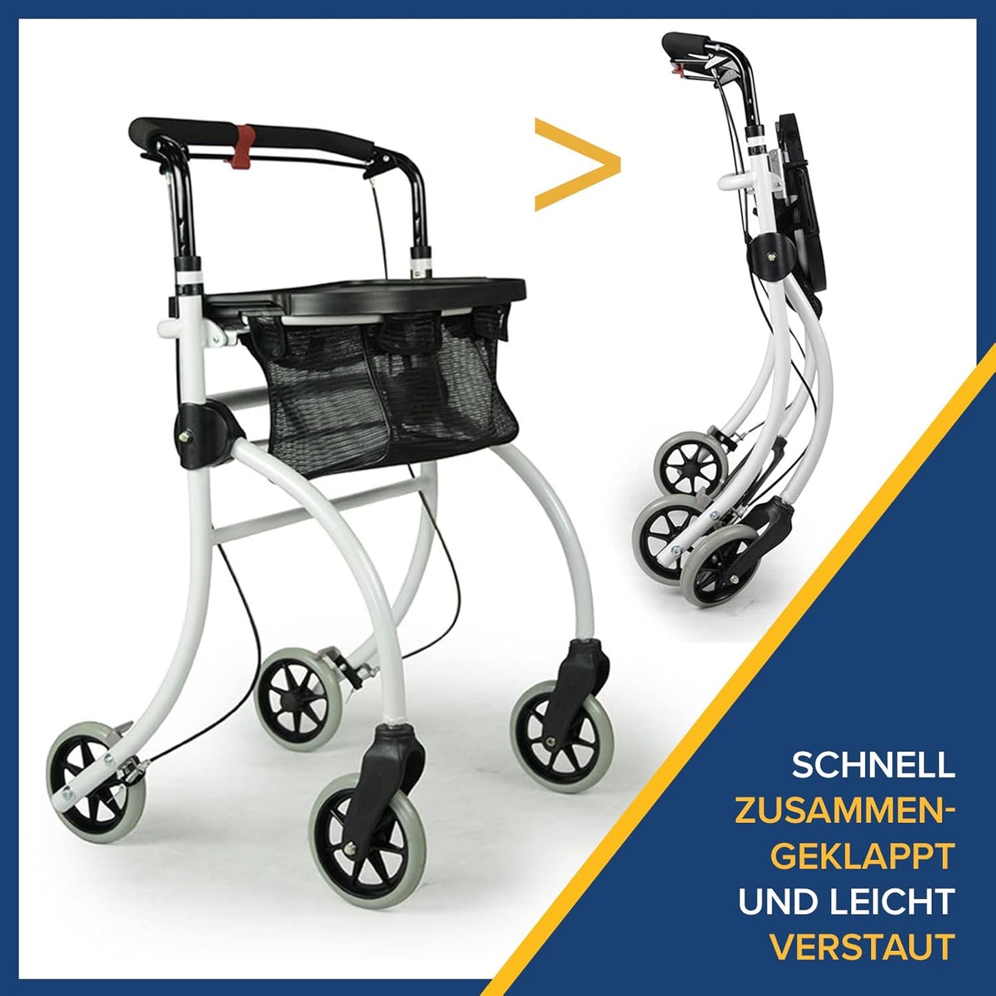 Drive Medical Rollator Roomba – leichter Indoor-Rollator mit Tablett, Tasche und Einhandbremse