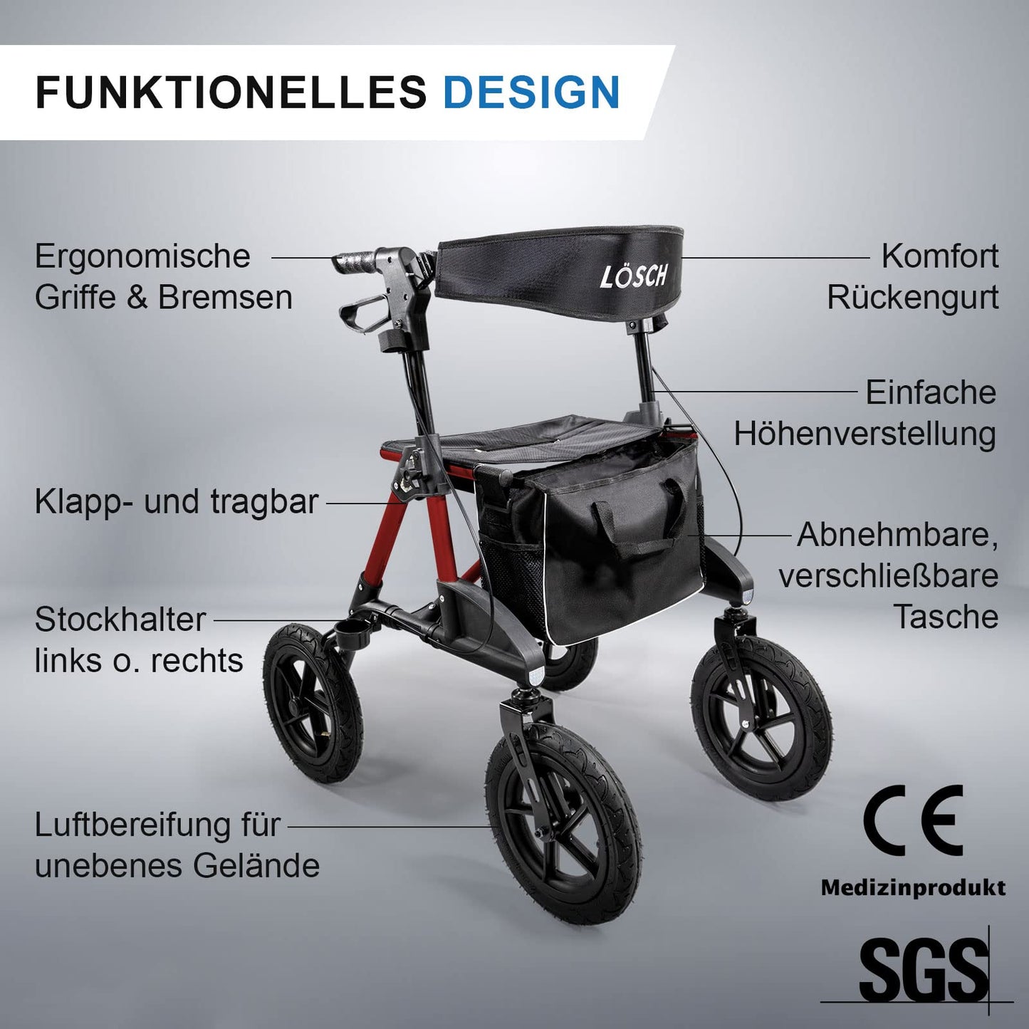Tabas Premium Outdoor Rollator – leichter Aluminium-Rollator mit Luftreifen, faltbar und höhenverstellbar