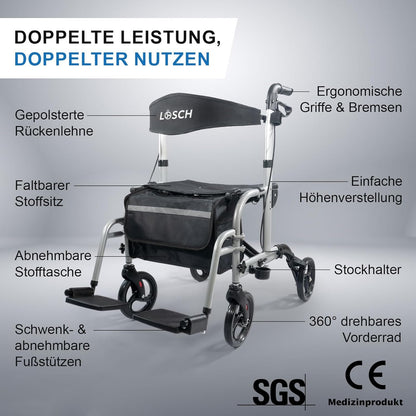 Lösch Reha Twin 2-in-1 – Rollator und Rollstuhl Kombi, faltbar, leicht und höhenverstellbar
