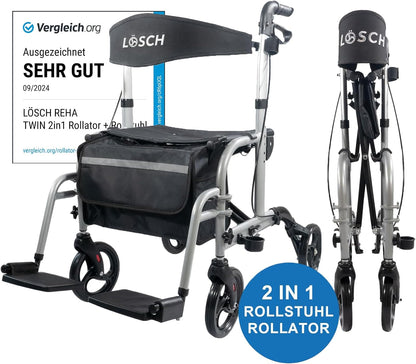 Lösch Reha Twin 2-in-1 – Rollator und Rollstuhl Kombi, faltbar, leicht und höhenverstellbar