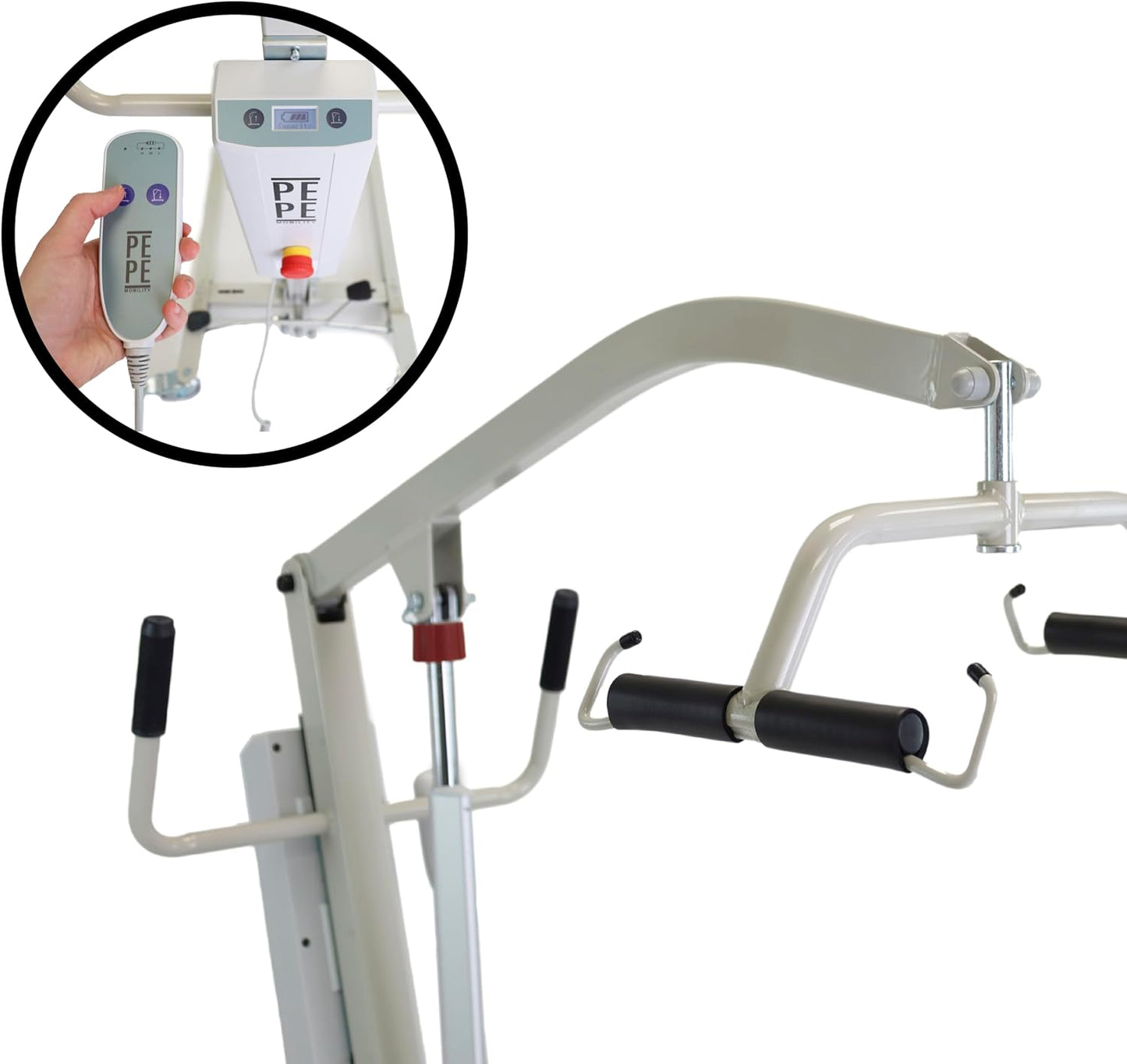Elektrischer Patientenlifter mit Hebegurt – sicherer Transferkran bis 150 kg Tragkraft, verstellbares Untergestell und Not-Aus-Funktion