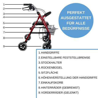 Trendmobil Rollator LR 56 – leichter Aluminium-Rollator mit Sitz, Korb und höhenverstellbaren Griffen