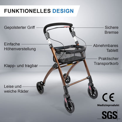 Lösch Reha Rollator Casa – leichter Indoor-Rollator mit Softgriffen und Tablett, faltbar und höhenverstellbar