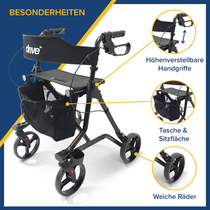 Drive Medical Rollator Torro – leichter Aluminium-Rollator mit Sitz, Rückengurt und höhenverstellbaren Griffen