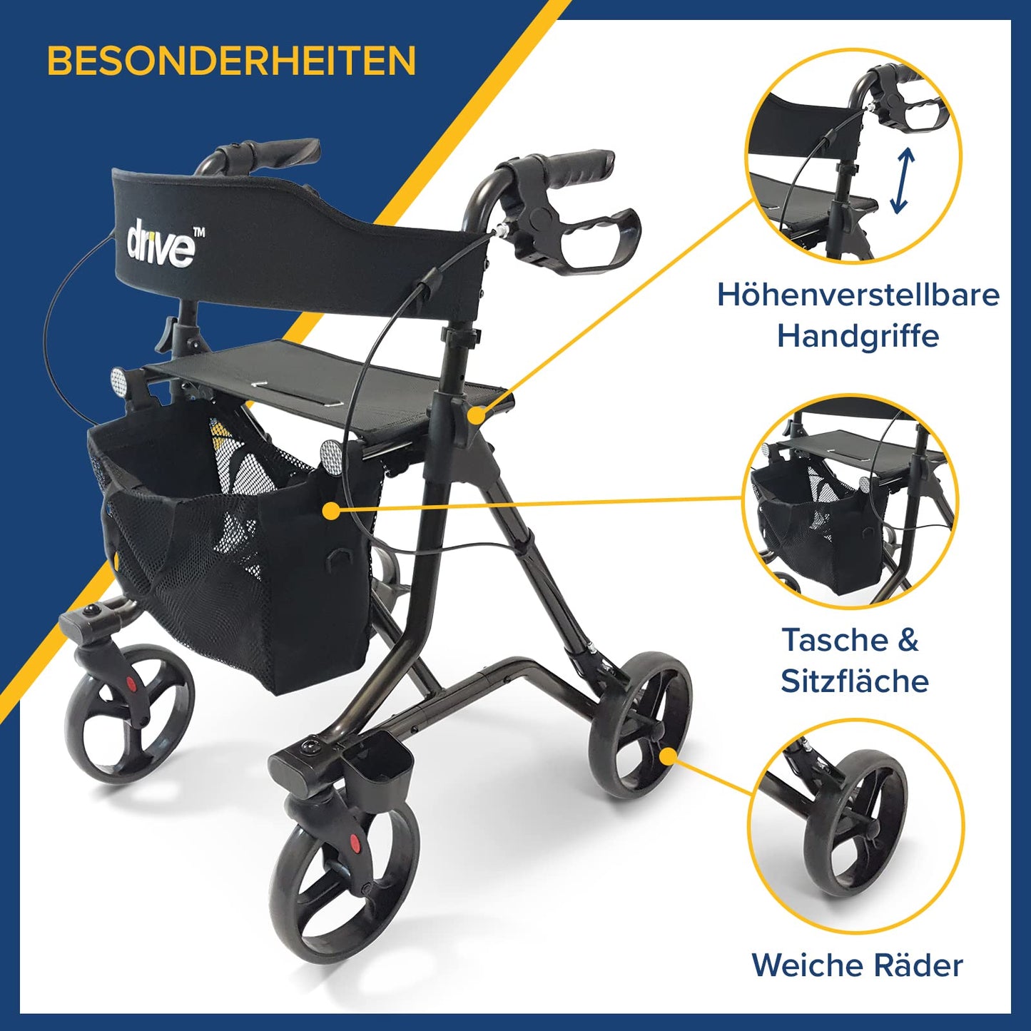 Drive Medical Rollator Torro – leichter Aluminium-Rollator mit Sitz, Rückengurt und höhenverstellbaren Griffen