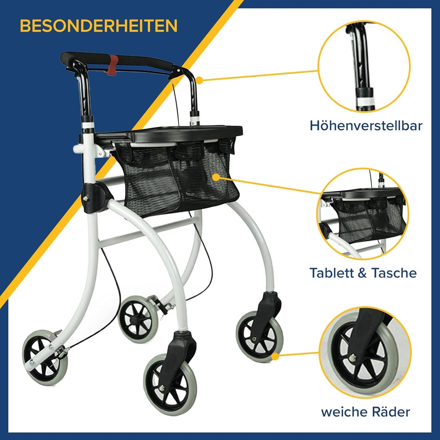 Drive Medical Rollator Roomba – leichter Indoor-Rollator mit Tablett, Tasche und Einhandbremse