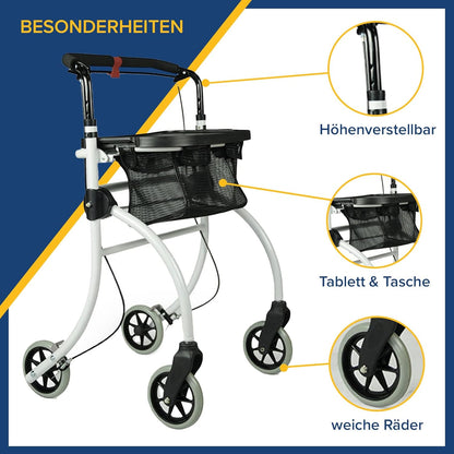 Drive Medical Rollator Roomba – leichter Indoor-Rollator mit Tablett, Tasche und Einhandbremse