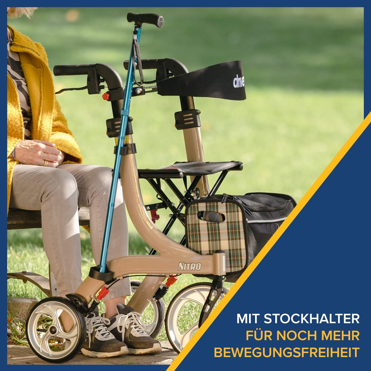 Drive Medical Rollator Nitro – eleganter Aluminium-Rollator mit großen Rädern, Sitz und Faltmechanismus