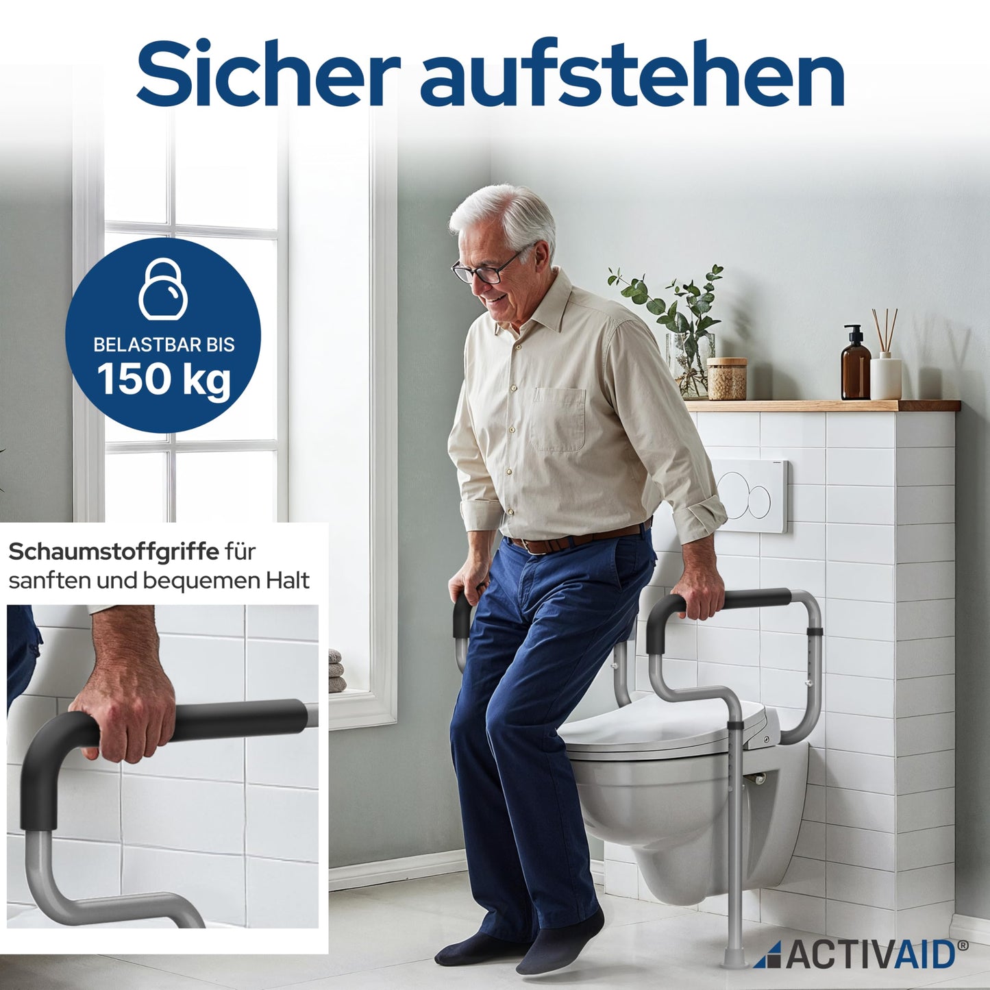 Toilettenstützgestell ohne Bohren – höhen- und breitenverstellbare Aufstehhilfe aus Stahl mit rutschfesten Gummifüßen