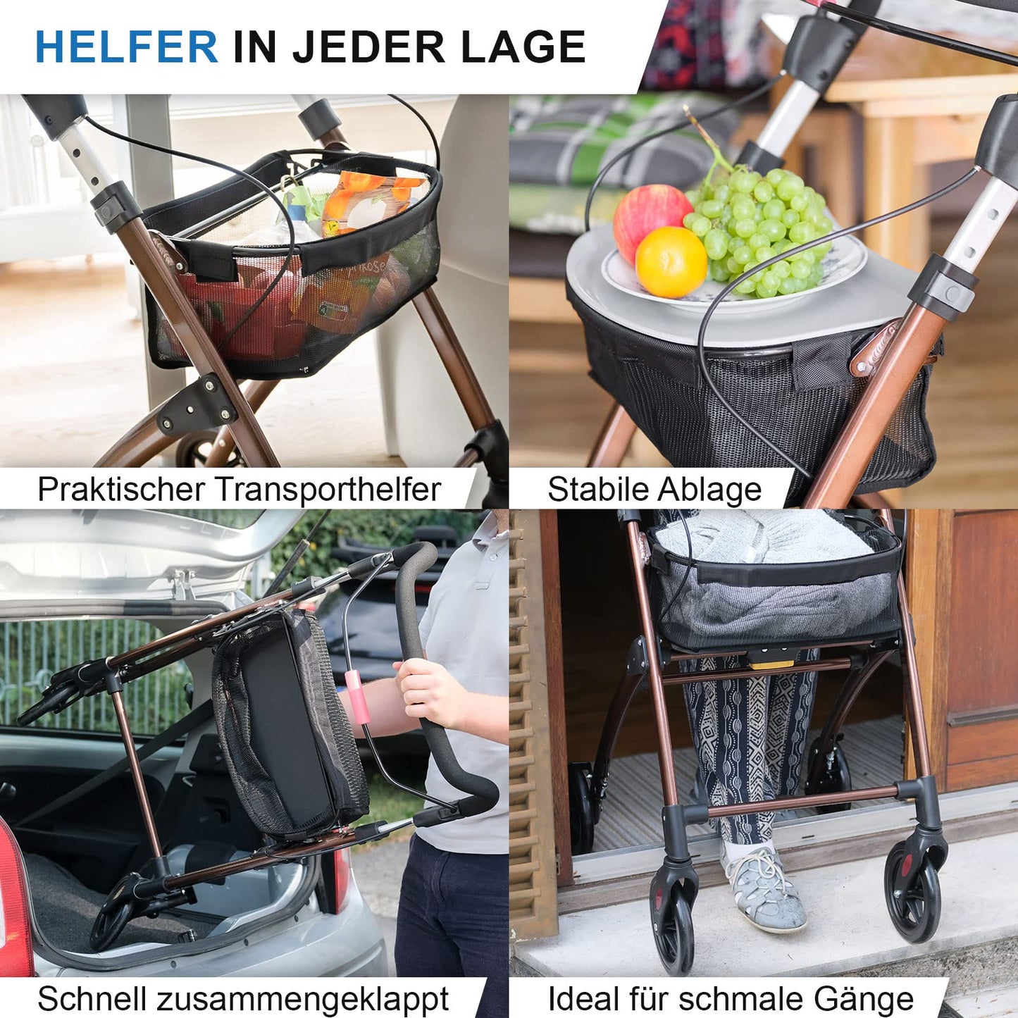 Lösch Reha Rollator Casa – leichter Indoor-Rollator mit Softgriffen und Tablett, faltbar und höhenverstellbar
