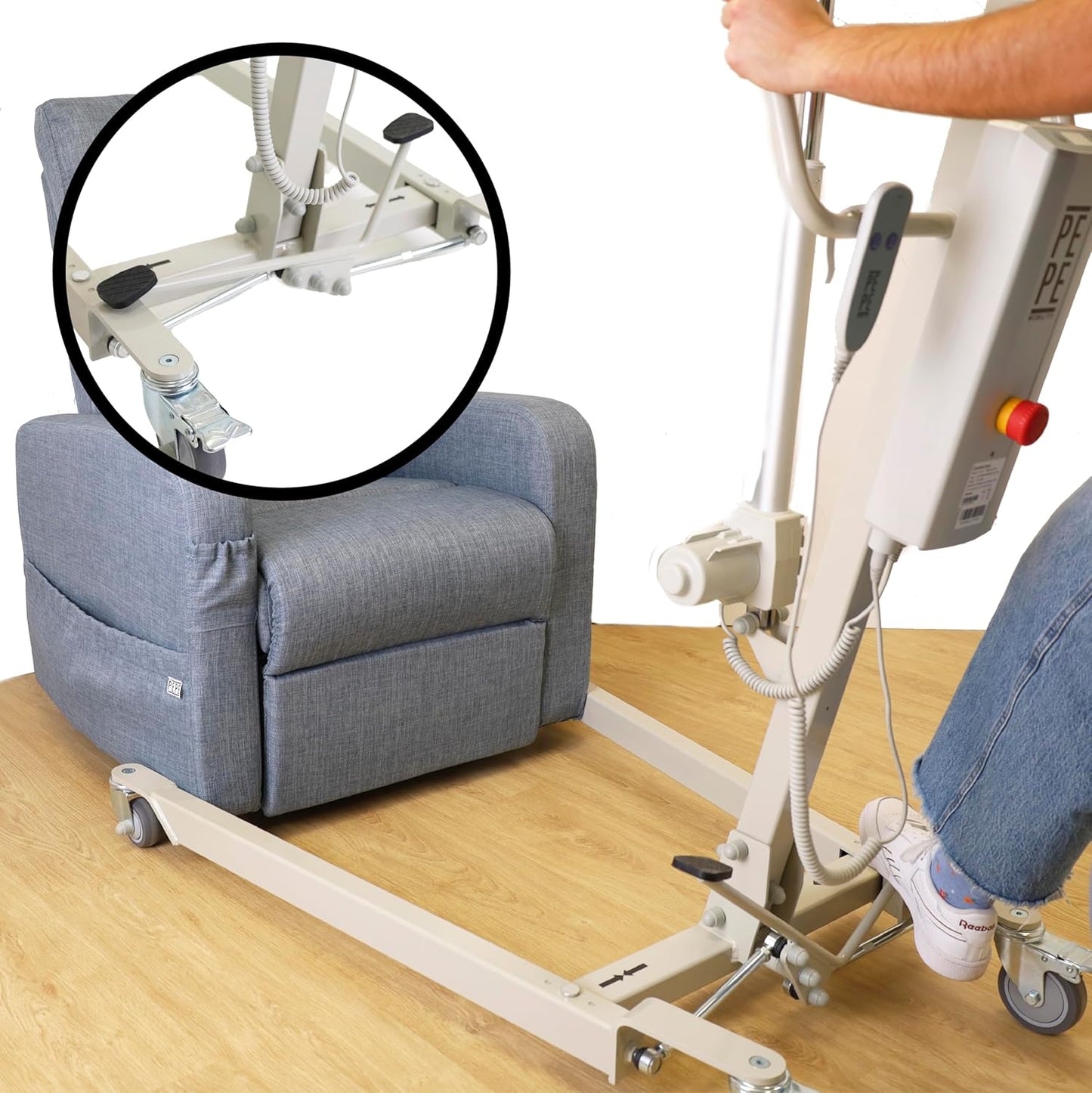 Elektrischer Patientenlifter mit Hebegurt – sicherer Transferkran bis 150 kg Tragkraft, verstellbares Untergestell und Not-Aus-Funktion