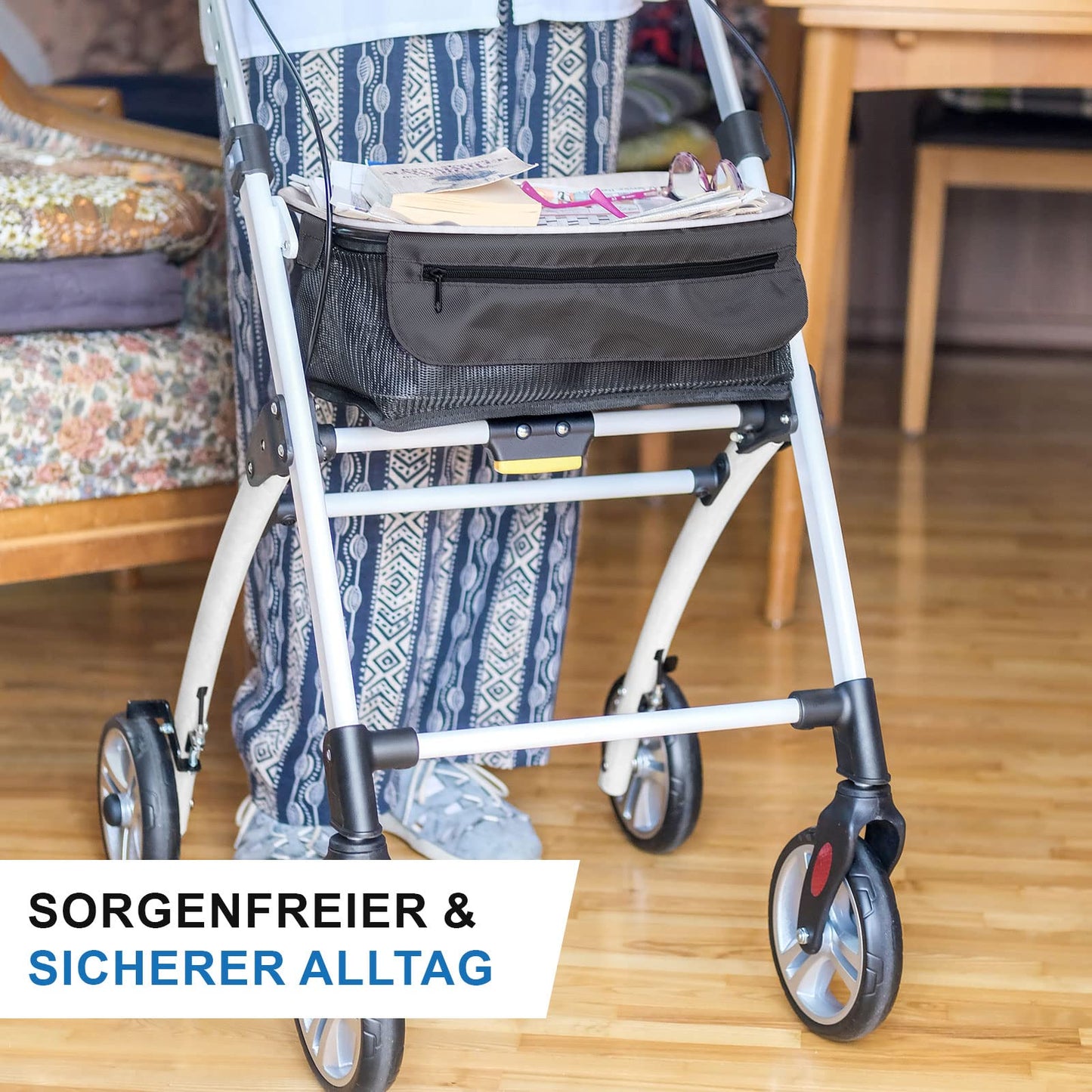 Lösch Reha Rollator Casa – leichter Indoor-Rollator mit Softgriffen und Tablett, faltbar und höhenverstellbar