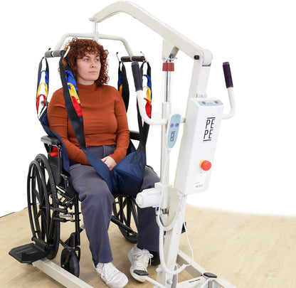 Elektrischer Patientenlifter mit Hebegurt – sicherer Transferkran bis 150 kg Tragkraft, verstellbares Untergestell und Not-Aus-Funktion
