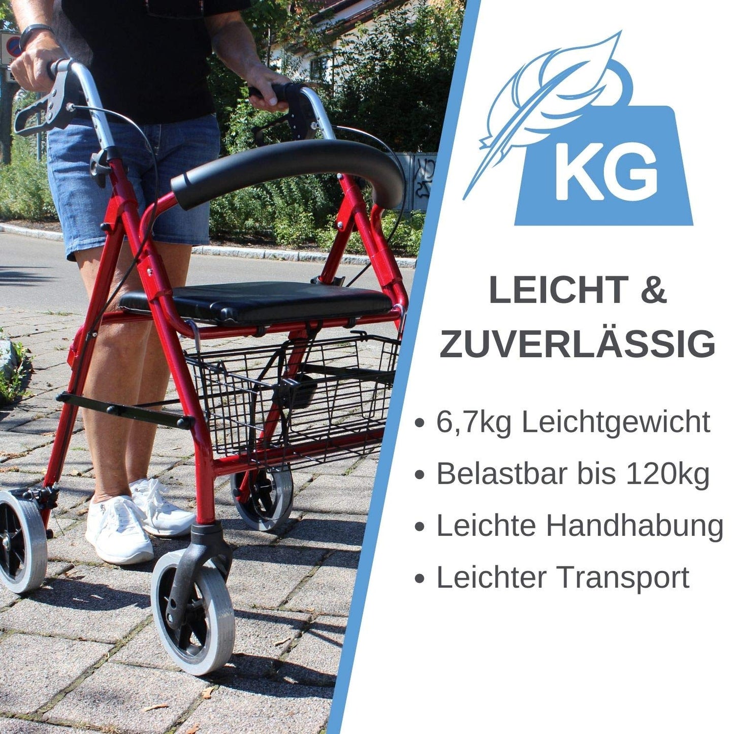 Trendmobil Rollator LR 56 – leichter Aluminium-Rollator mit Sitz, Korb und höhenverstellbaren Griffen
