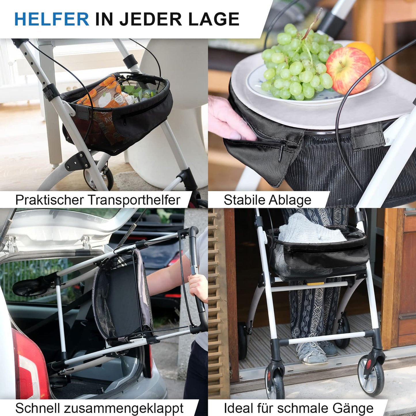 Lösch Reha Rollator Casa – leichter Indoor-Rollator mit Softgriffen und Tablett, faltbar und höhenverstellbar