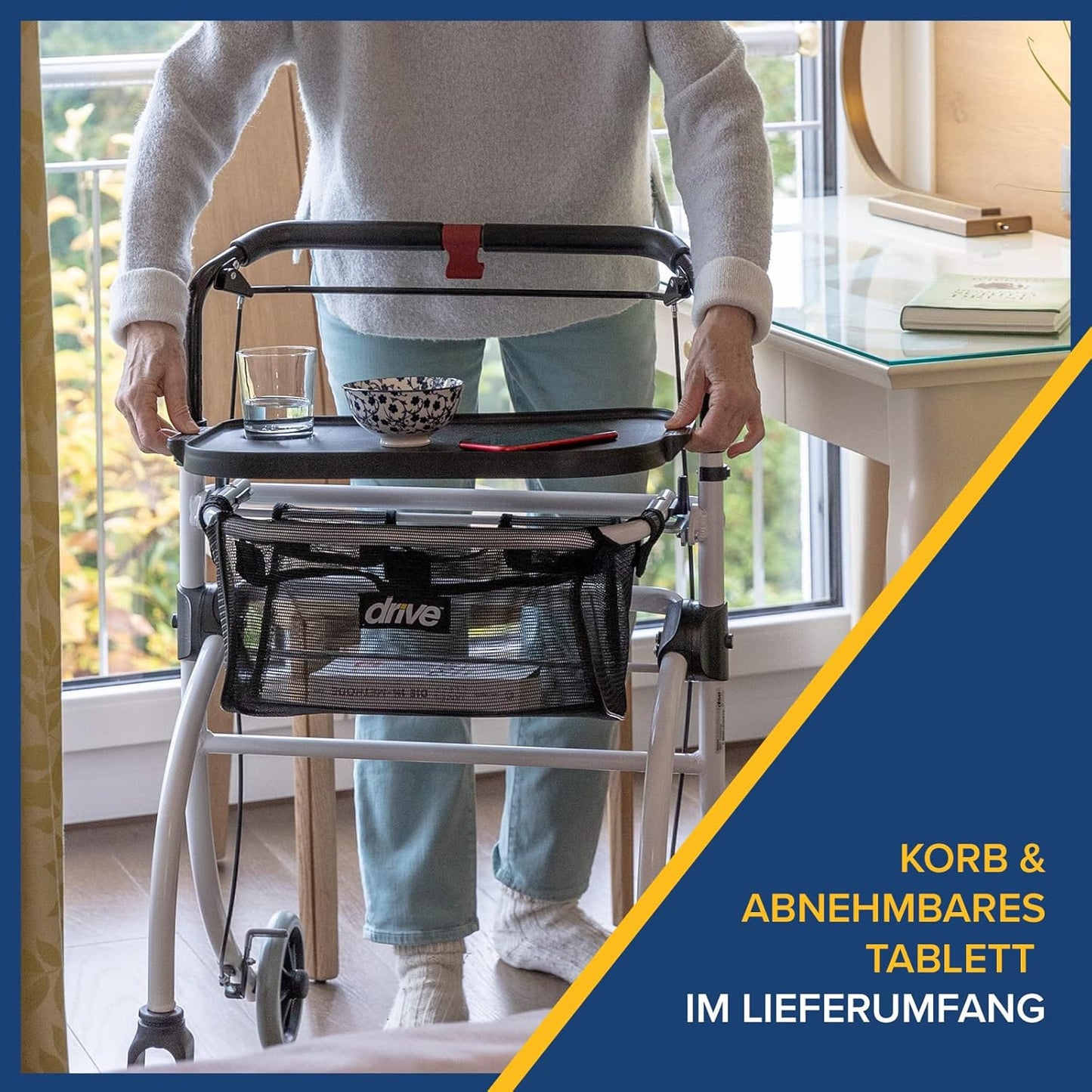 Drive Medical Rollator Roomba – leichter Indoor-Rollator mit Tablett, Tasche und Einhandbremse