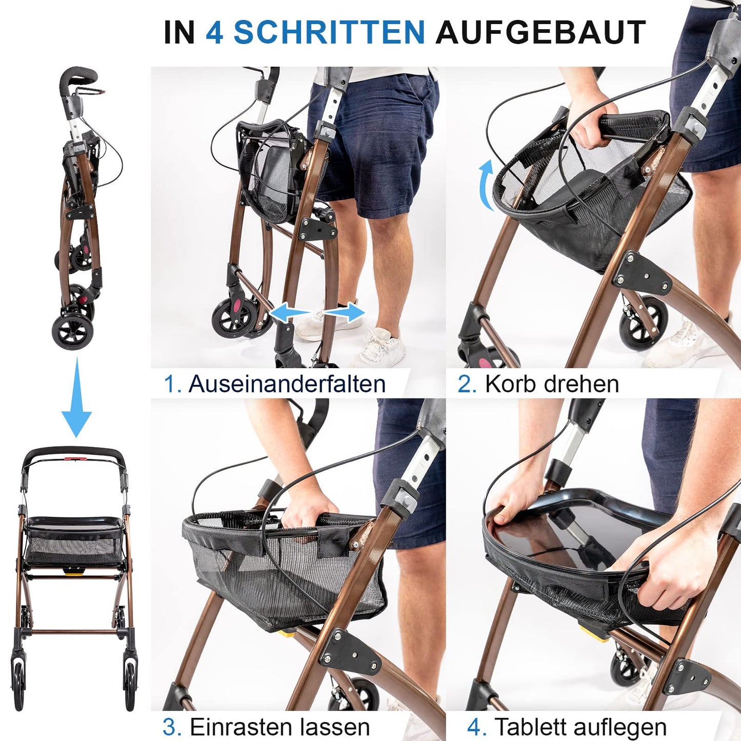 Lösch Reha Rollator Casa – leichter Indoor-Rollator mit Softgriffen und Tablett, faltbar und höhenverstellbar