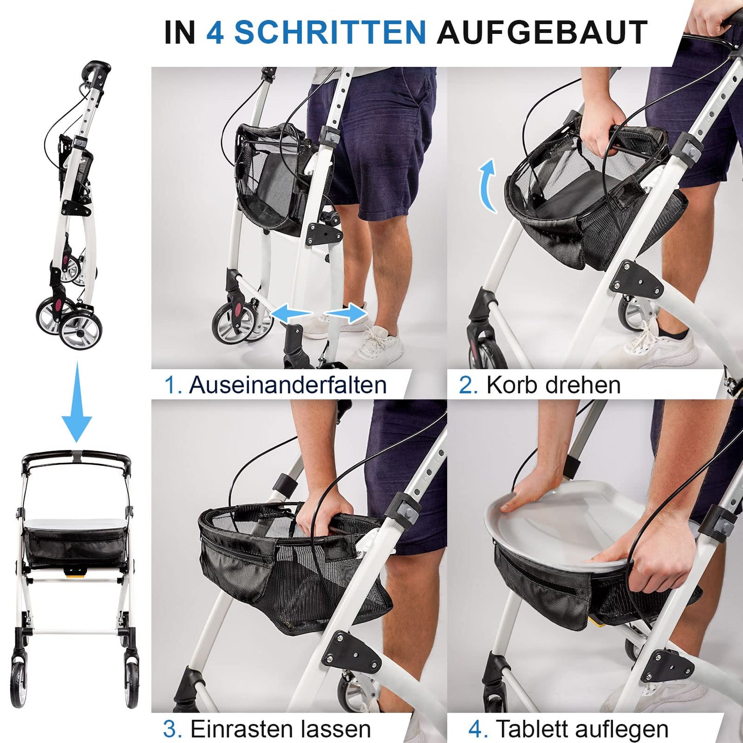 Lösch Reha Rollator Casa – leichter Indoor-Rollator mit Softgriffen und Tablett, faltbar und höhenverstellbar