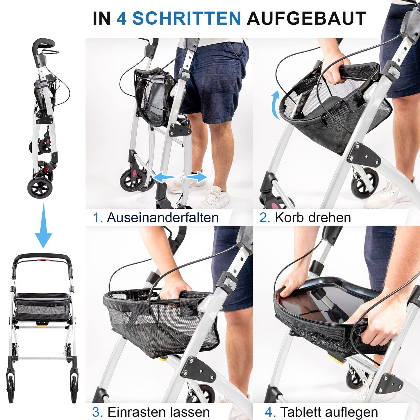 Lösch Reha Rollator Casa – leichter Indoor-Rollator mit Softgriffen und Tablett, faltbar und höhenverstellbar