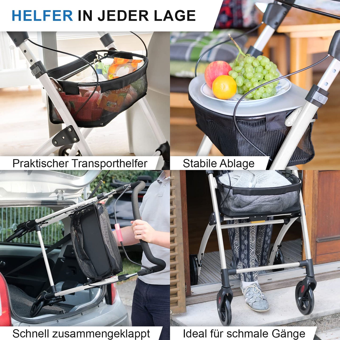 Lösch Reha Rollator Casa – leichter Indoor-Rollator mit Softgriffen und Tablett, faltbar und höhenverstellbar