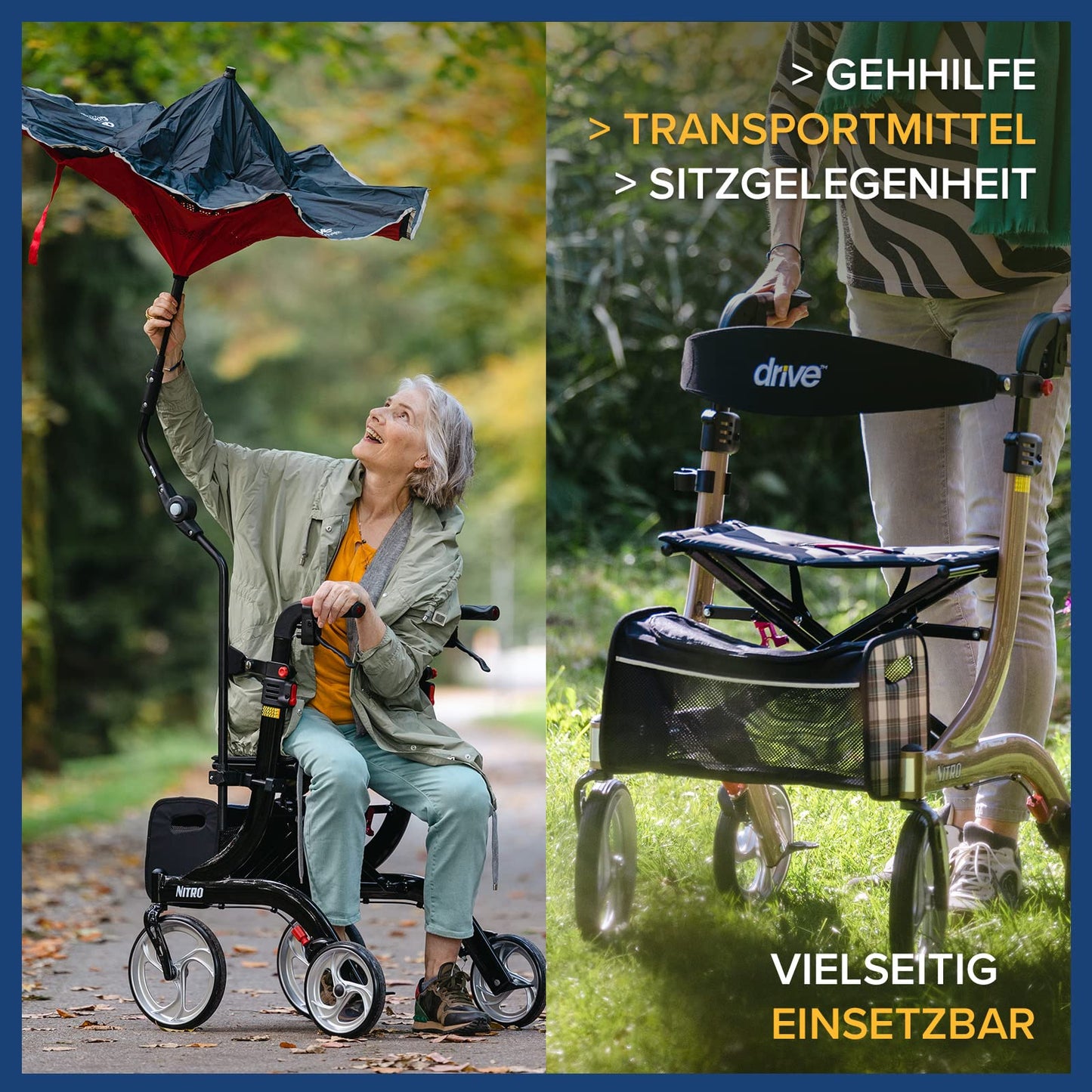 Drive Medical Rollator Nitro – eleganter Aluminium-Rollator mit großen Rädern, Sitz und Faltmechanismus
