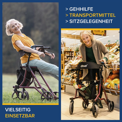Drive Medical Rollator Torro – leichter Aluminium-Rollator mit Sitz, Rückengurt und höhenverstellbaren Griffen
