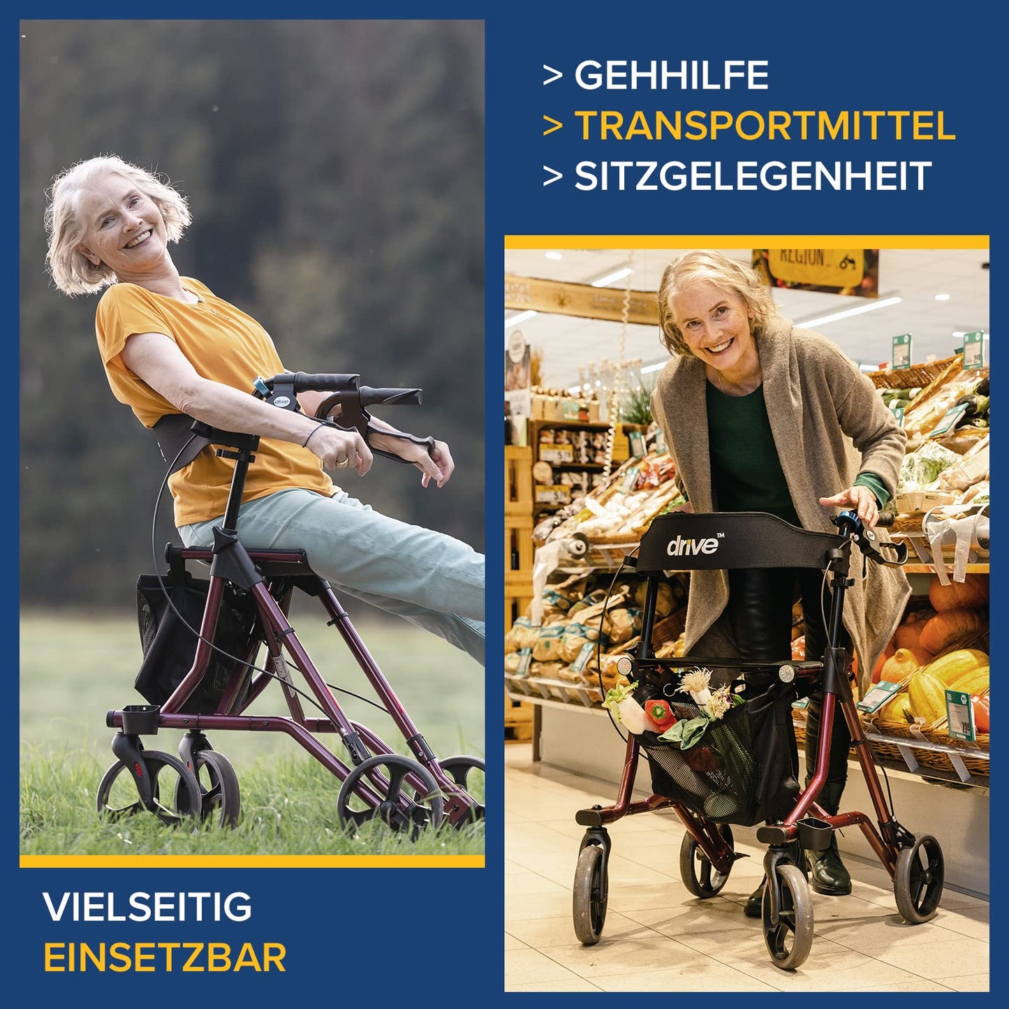 Drive Medical Rollator Torro – leichter Aluminium-Rollator mit Sitz, Rückengurt und höhenverstellbaren Griffen
